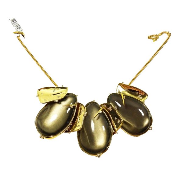 ALEXIS BITTAR $395 Gold Plated Brown Glossy Lucite & Clear Crystals Bib Necklace